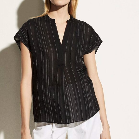NWT Vince Women's Drapey Stripe Sleeveless Collar Popover XS Black - Picture 1 of 4